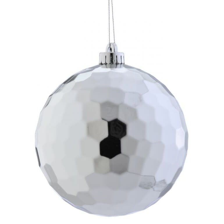 Shiny mirror ornament with a reflective silver surface and circular shape.