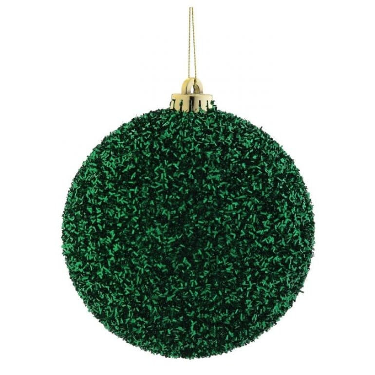Green tinsel ball ornament with a spherical shape.