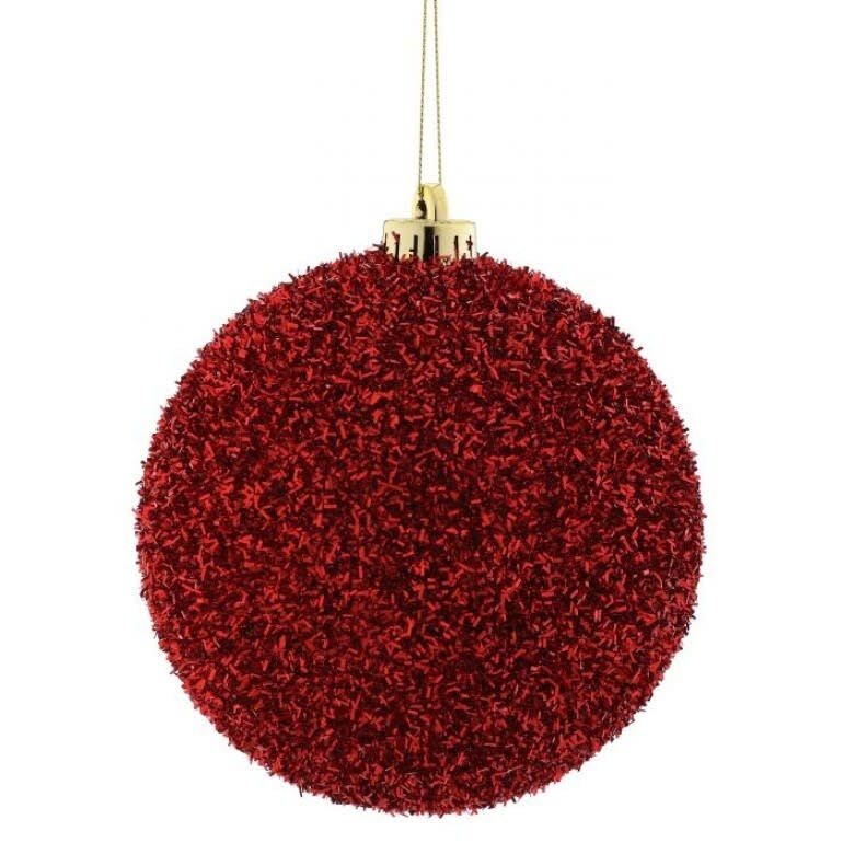 Red tinsel VP ball ornament with a spherical shape.