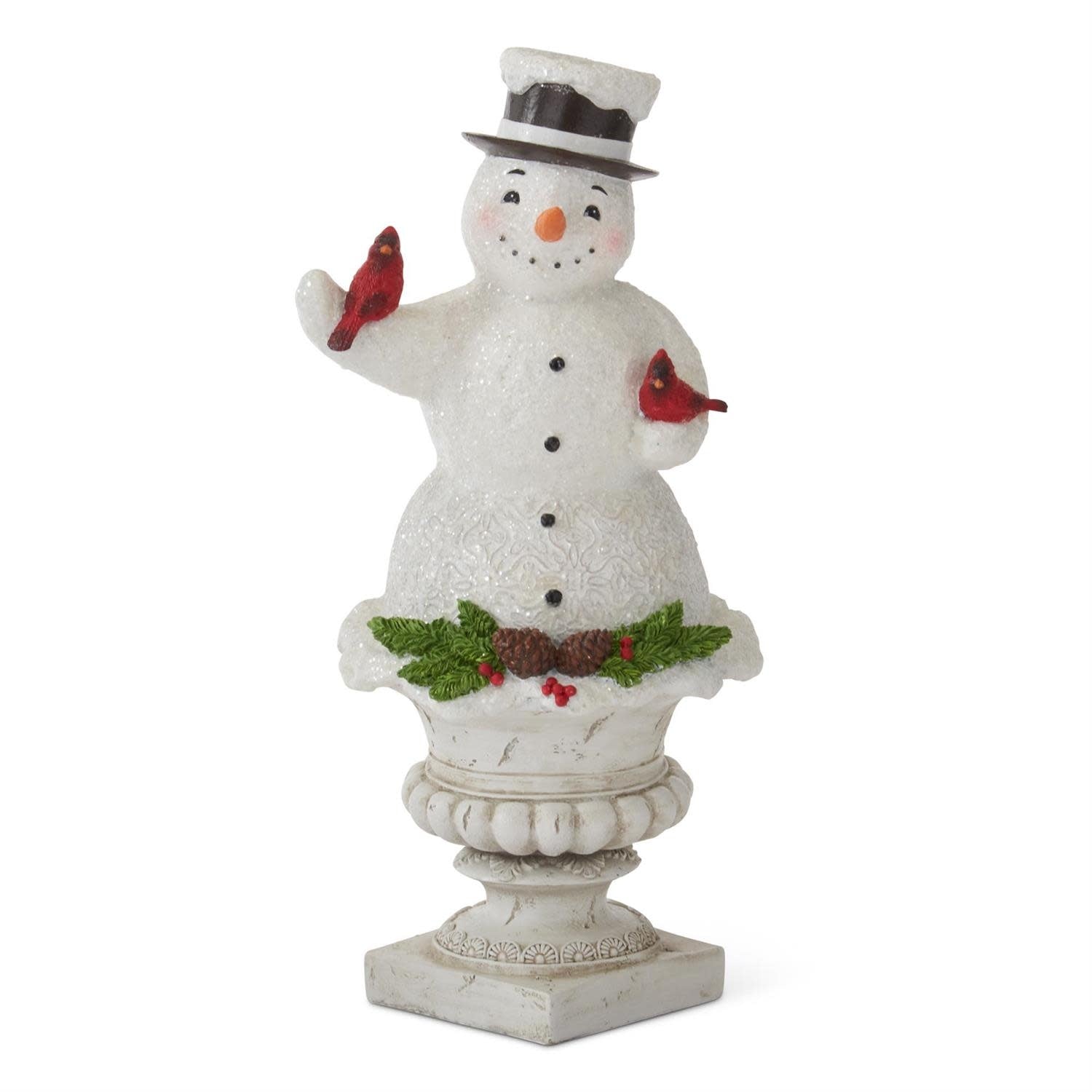 Glittered white snowman figurine with birds on a decorative pedestal