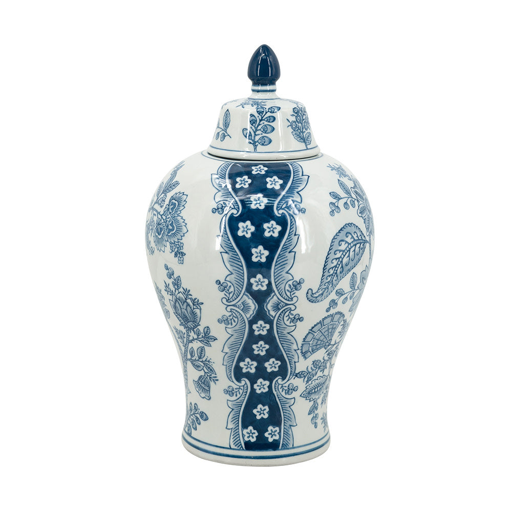 Tall white porcelain ginger jar with lid featuring Ming Dynasty-inspired relief patterns
