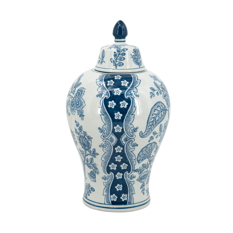 Tall white porcelain ginger jar with lid featuring Ming Dynasty-inspired relief patterns