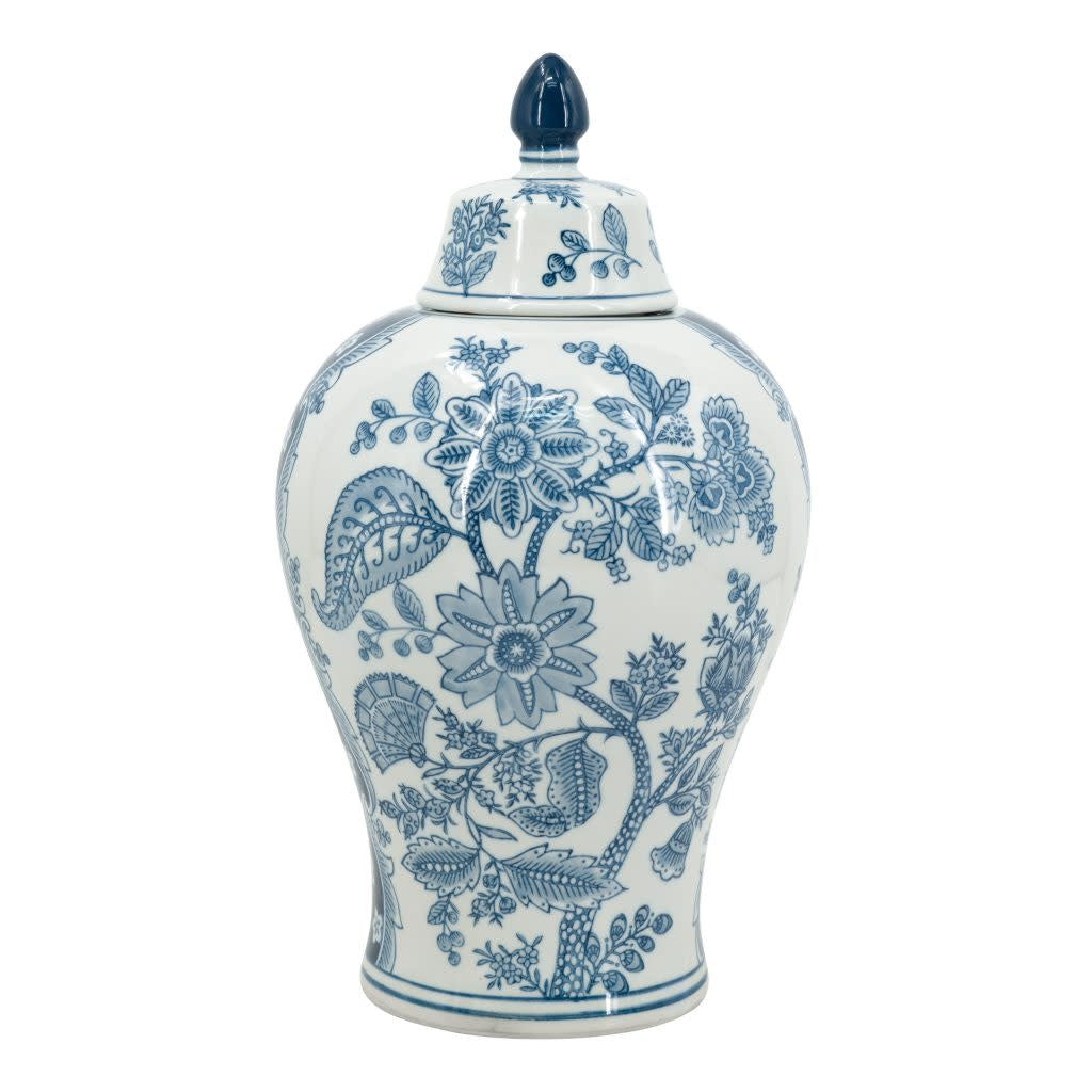 Tall white porcelain ginger jar with lid featuring Ming Dynasty-inspired geometric relief patterns.