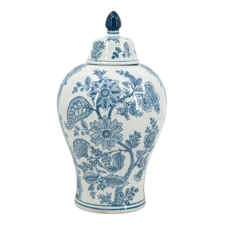 Tall white porcelain ginger jar with lid featuring Ming Dynasty-inspired geometric relief patterns.
