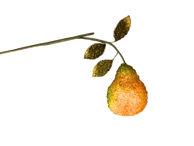 14-inch decorative stem featuring a glittery, beaded orange and green pear with gold leaves.
