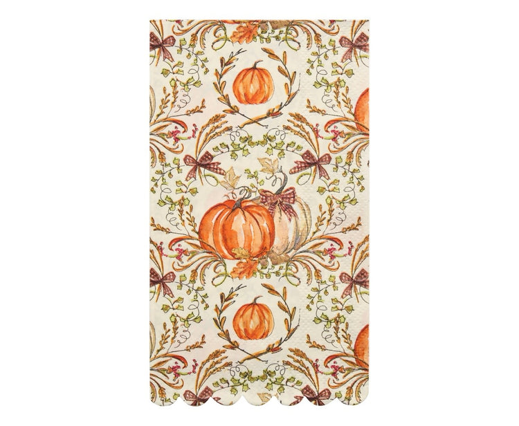 Folded scalloped paper guest towel in Turkey & Gourds harvest pattern with autumn colors