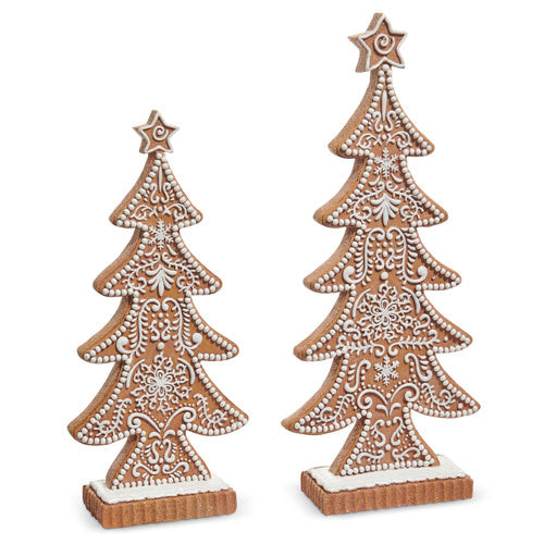 Resin gingerbread tree ornament with brown cookie texture, green holly leaves, and red berries.