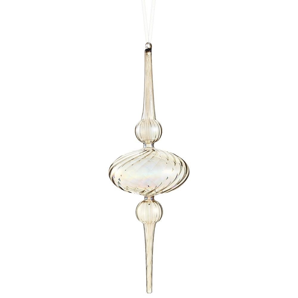 Gray iridescent glass finial ornament with a slender vertical silhouette measuring 3 inches wide.
