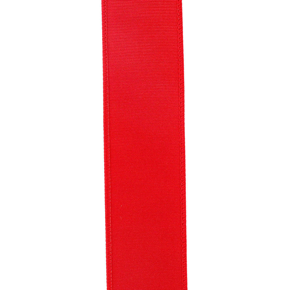 1.5-inch wide red polyester grosgrain ribbon with a subtle sheen and wired edges.