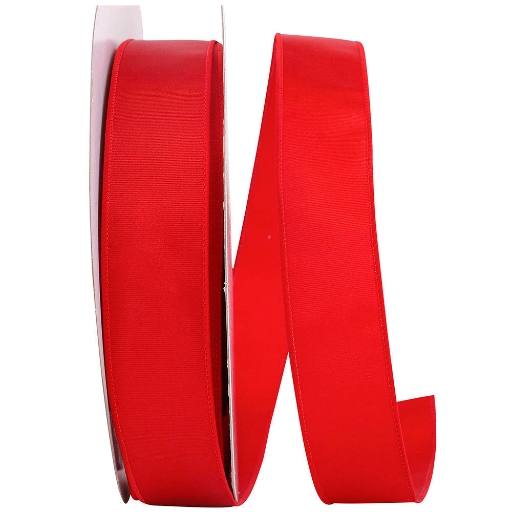 Red 1.5-inch wide polyester grosgrain ribbon with a wired edge on a spool.