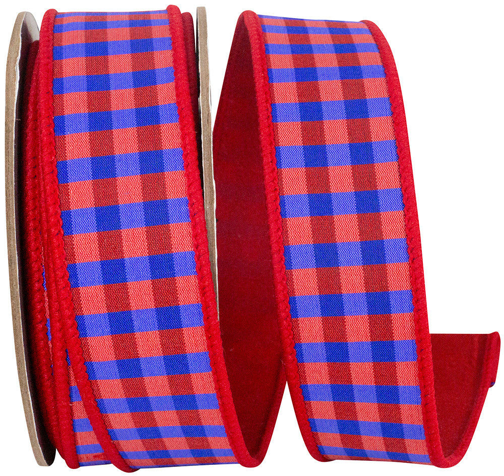 Red and blue checkered dupioni fabric swatch with wired edge backing