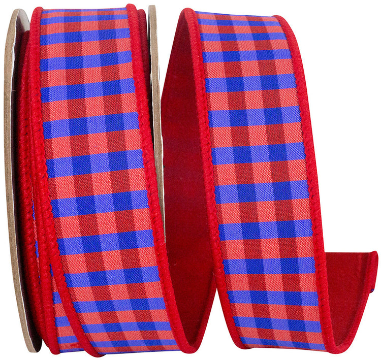 Red and blue checkered dupioni fabric swatch with wired edge backing