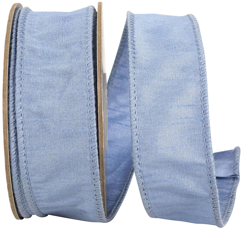 French blue Dupioni wired edge ribbon with a textured silk-like finish.