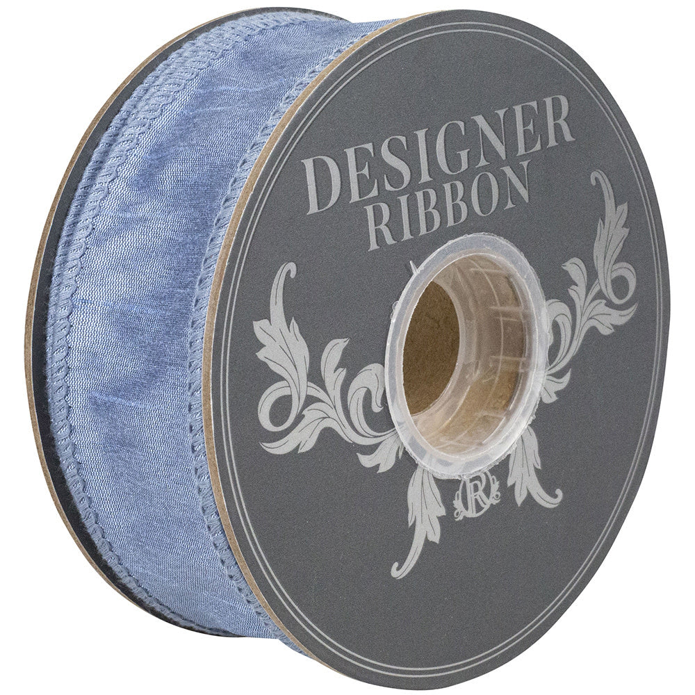 A spool of French blue Dupioni wired edge ribbon with a textured weave pattern.