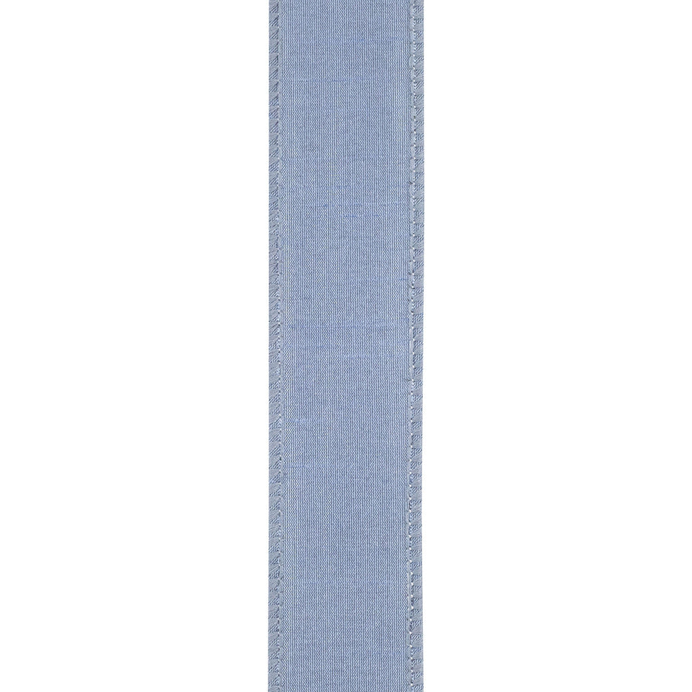 Roll of French blue dupioni wired edge ribbon with a smooth texture.