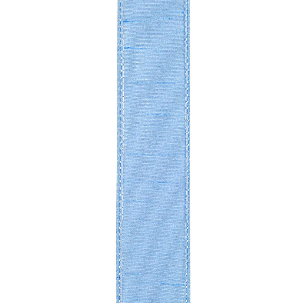1.5-inch wide light blue Dupioni ribbon with a wired edge and subtle textured finish.