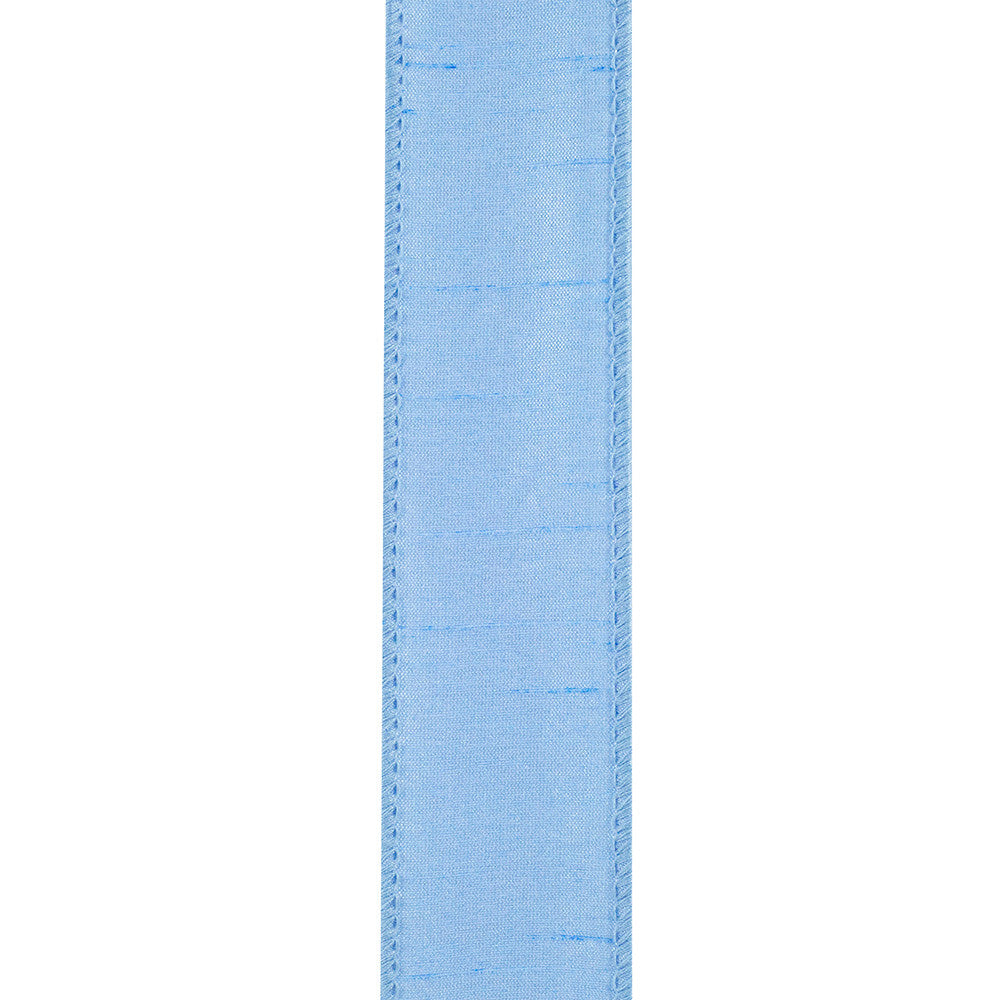 1.5-inch wide light blue Dupioni wired edge ribbon with a textured fabric finish.