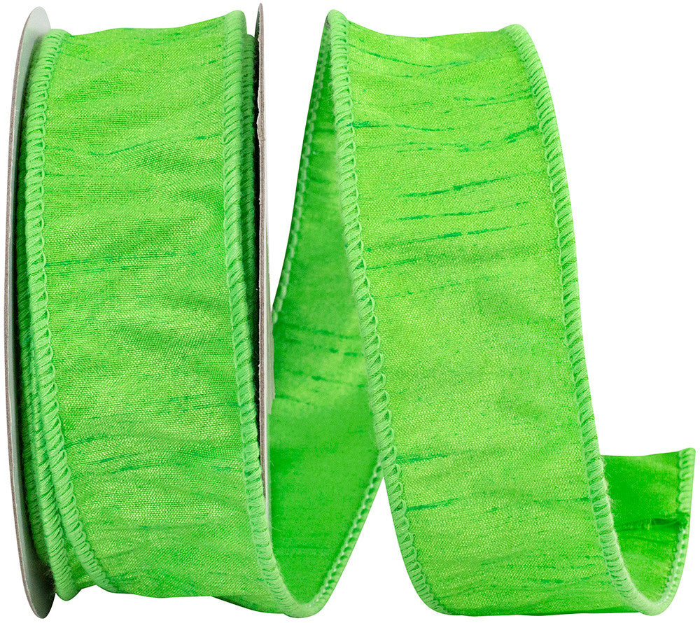 Lime green 1.5-inch wide Dupioni ribbon with a textured finish and wired edges.