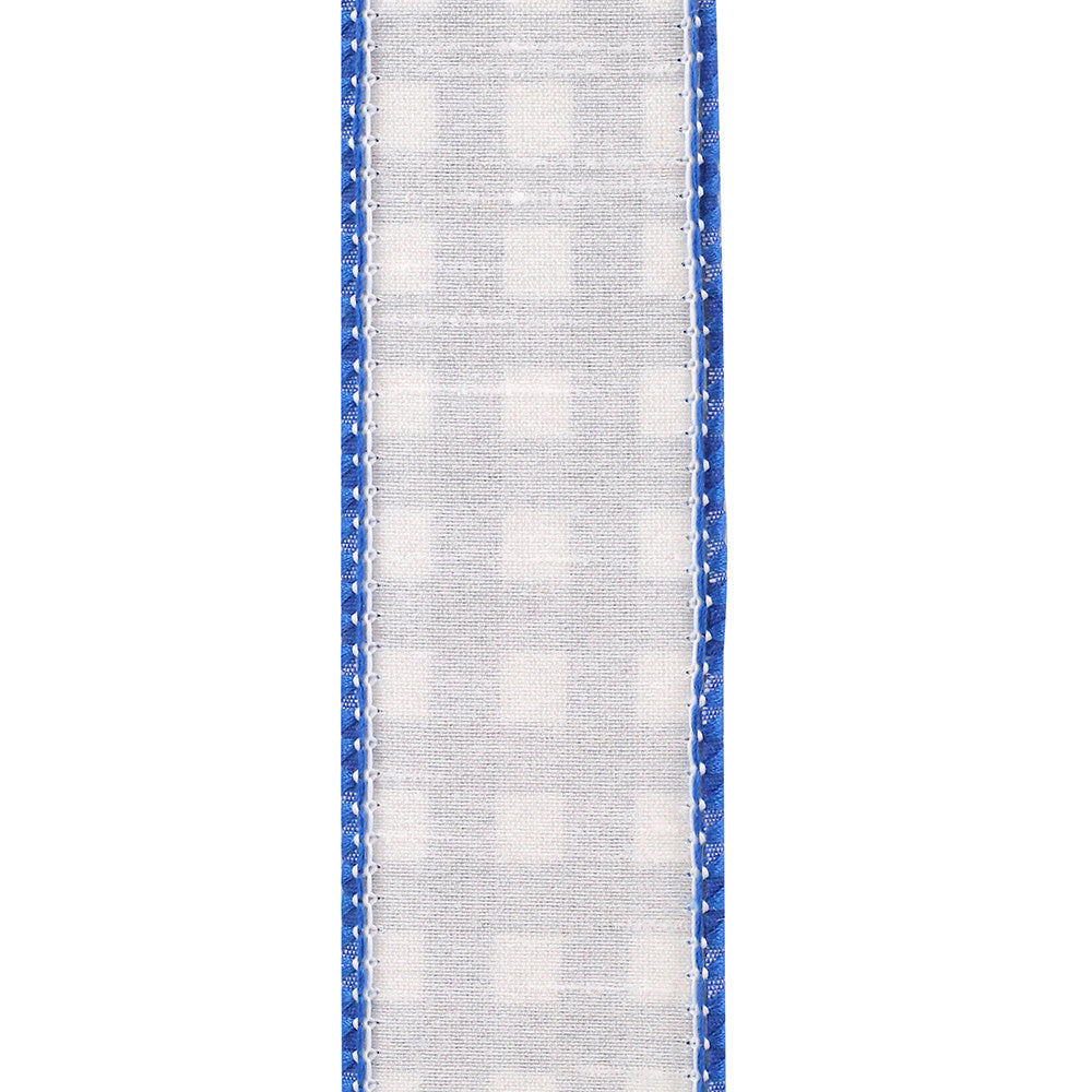1.5-inch cobalt blue and white gingham wired ribbon with a finished edge.