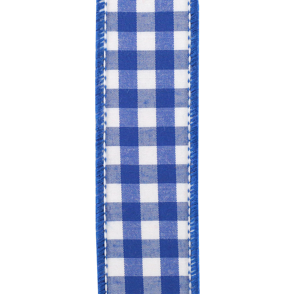 1.5-inch cobalt blue and white gingham wired edge ribbon made of polyester.