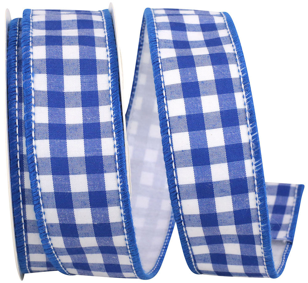 1.5-inch cobalt blue and white gingham wired edge polyester ribbon on a spool.
