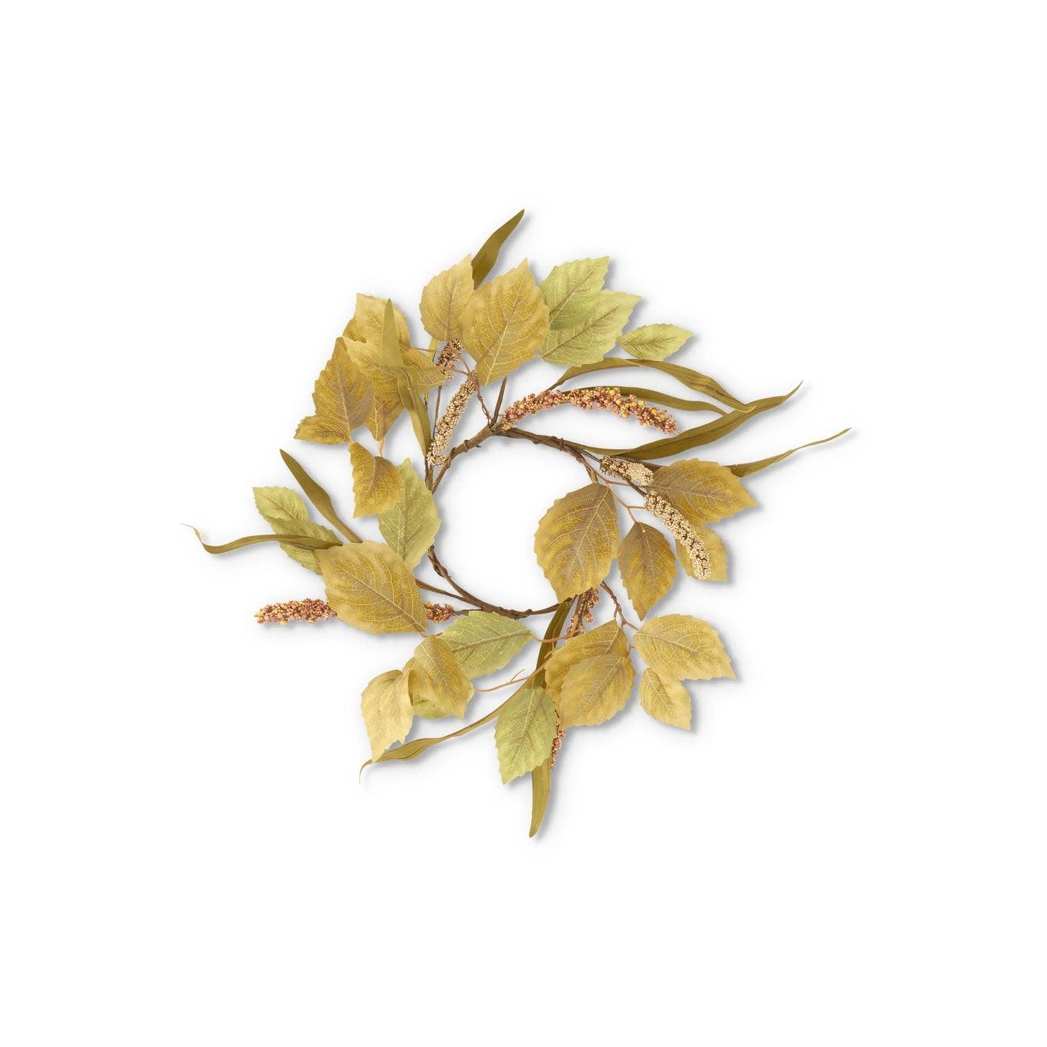 Green birch leaf candle ring with Eva leaves and berry spike accents