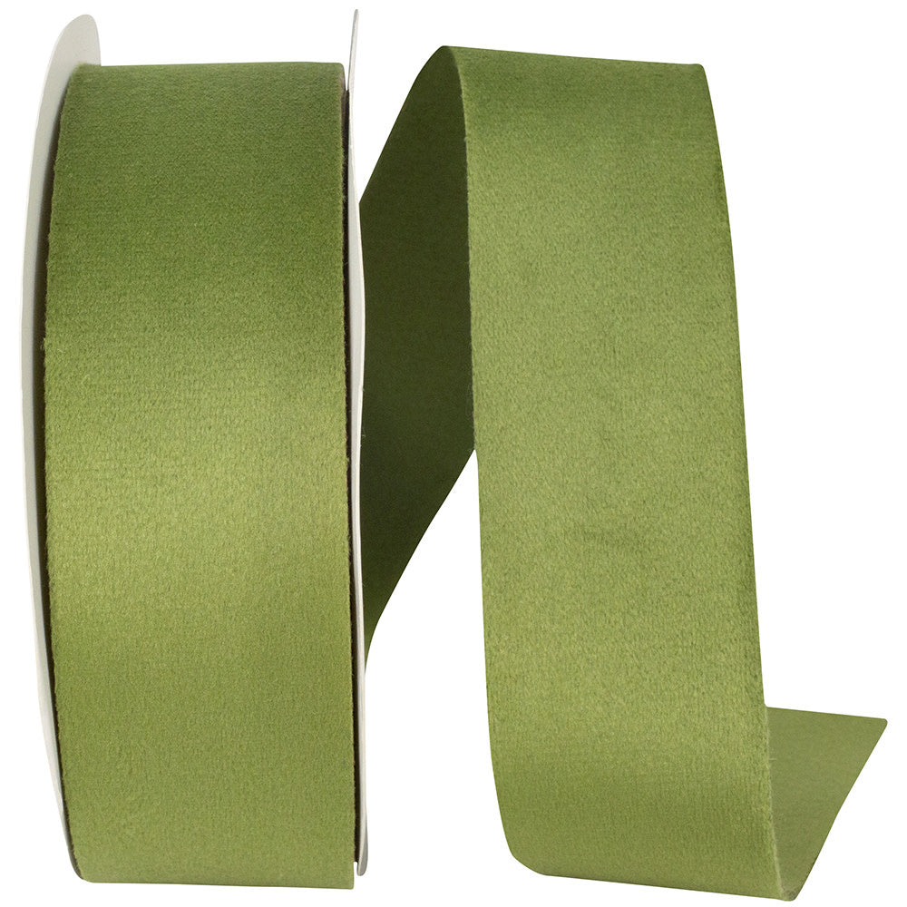 Spring moss colored double-faced velvet ribbon roll with smooth texture
