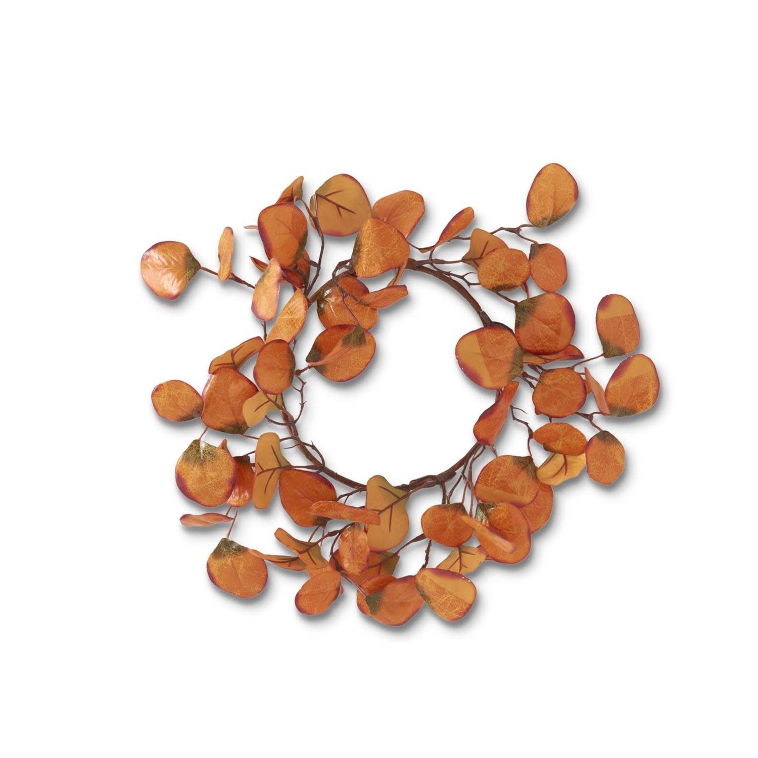 Fifteen-inch orange polyester gumdrop eucalyptus candle ring with fresh greenery accents