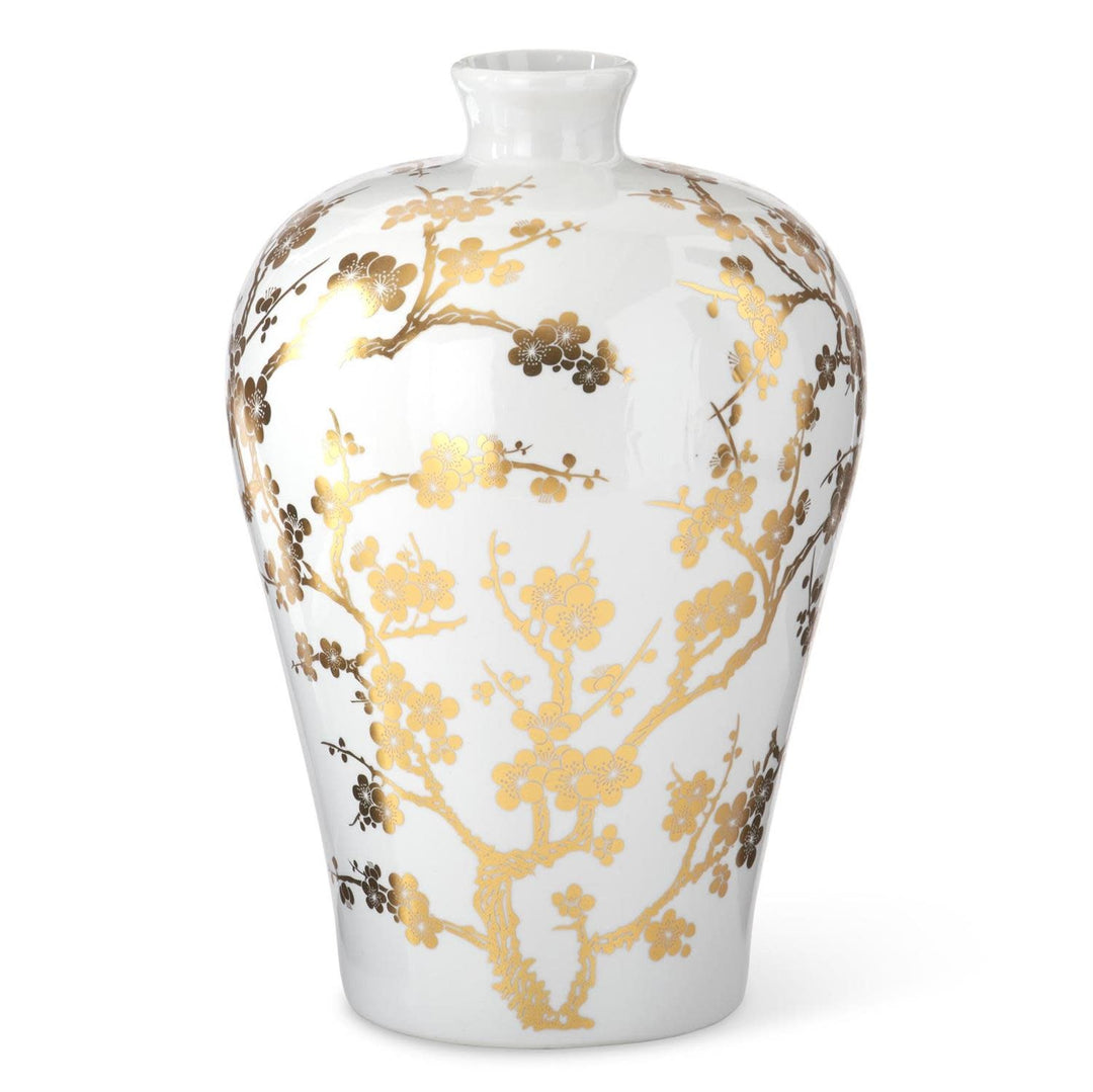 White ceramic vase with gold Chinoiserie patterns featuring a classic rounded silhouette.