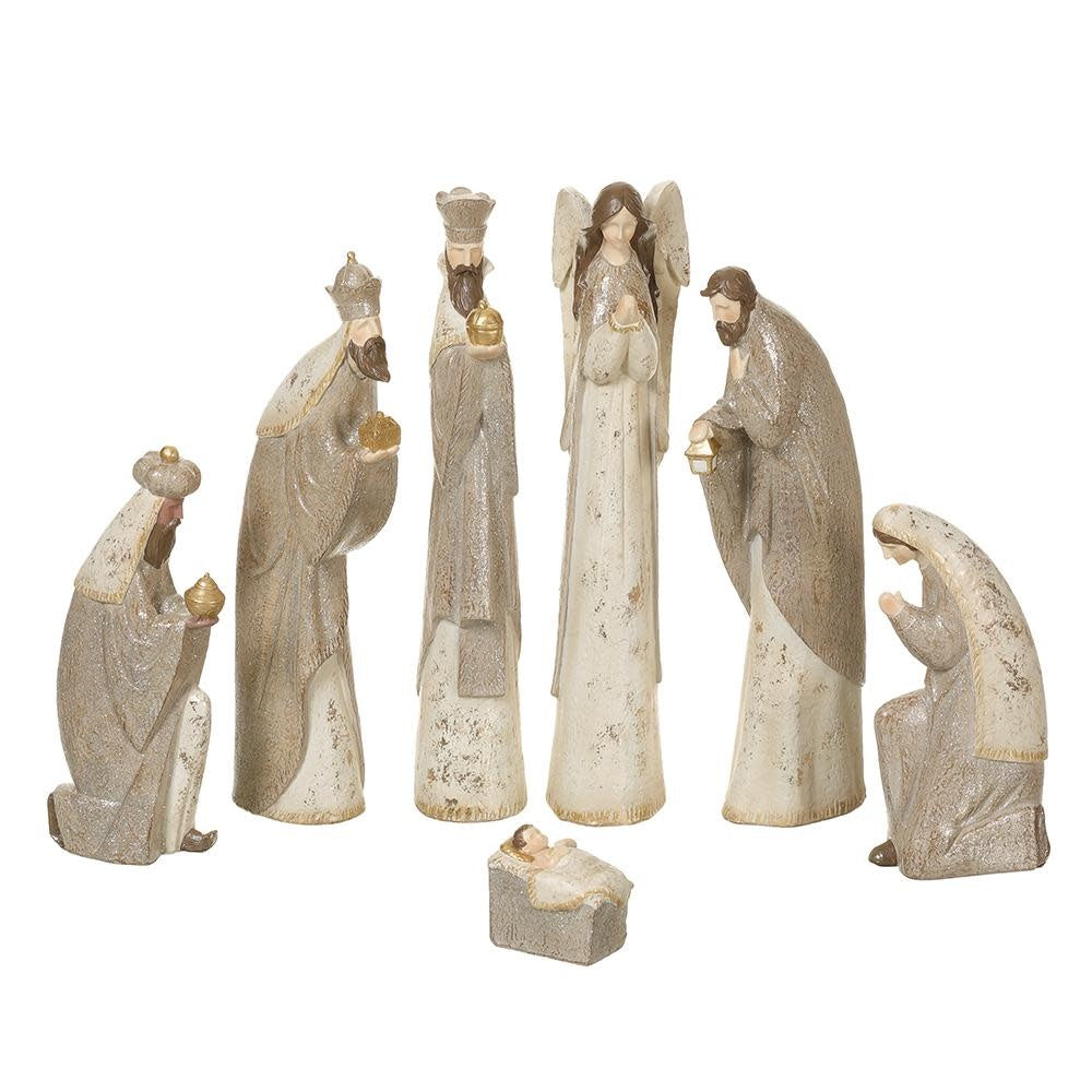 Tiffany cream nativity set with polyresin and stone powder figures in a serene holiday silhouette.