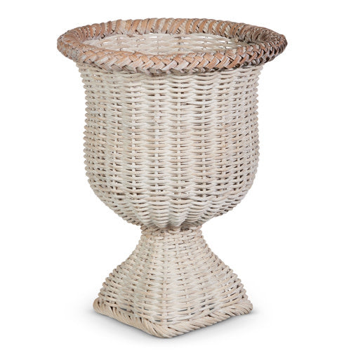 White rattan urn with iron frame featuring a woven texture