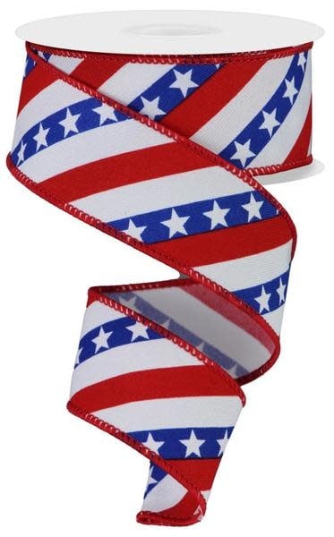 Wired polyester ribbon with diagonal white royal blue red stripes and stars