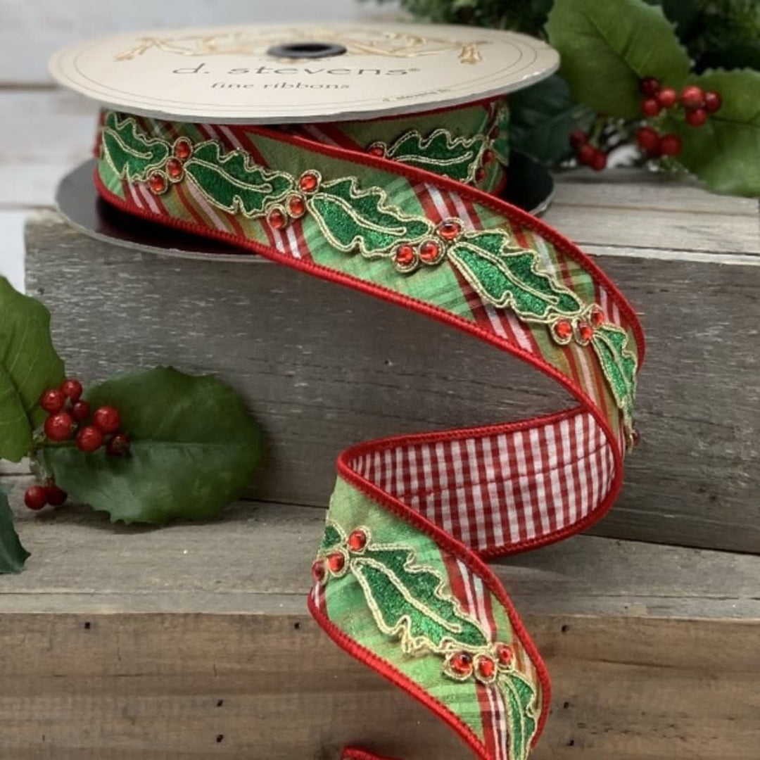 Red diagonal plaid faux dupion ribbon with green holly side trim