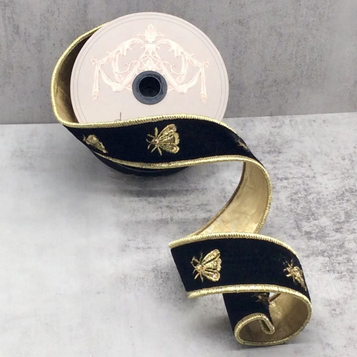 Black velvet ribbon with gold embroidered bee patterns