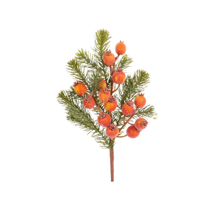 15.5-inch iced orange berry and pine greenery spray with a frosted finish.