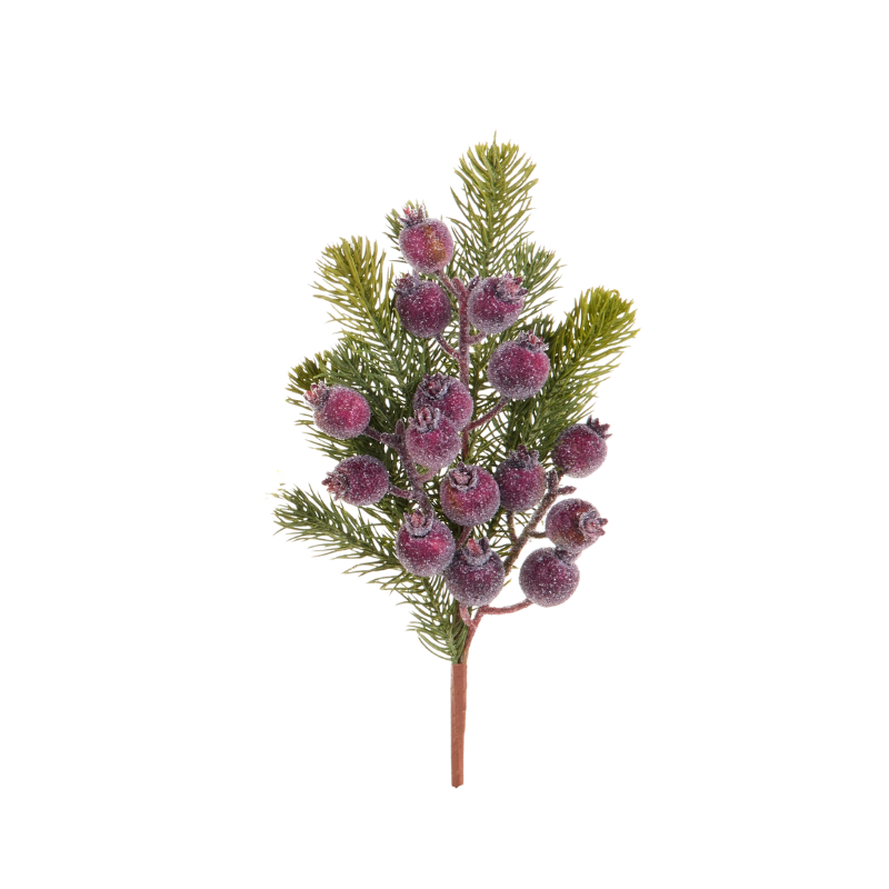 15.5-inch iced purple berry and greenery spray with a frosted finish for holiday decor.