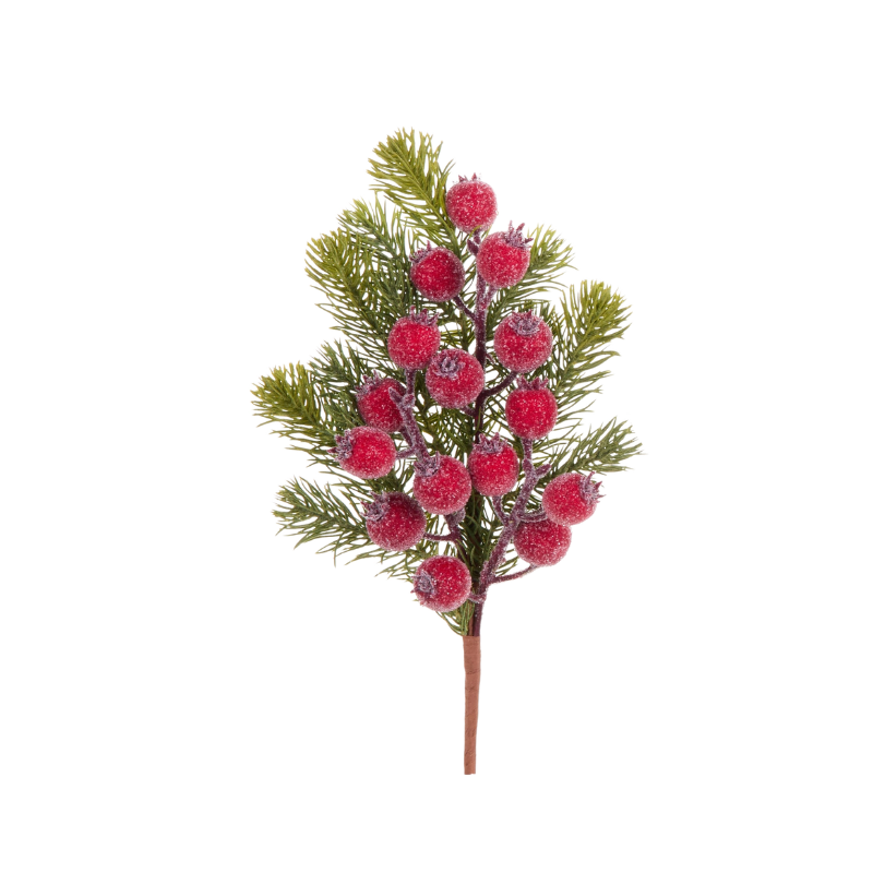 15.5-inch iced red berry and pine greenery spray with a frosted finish for holiday decor.