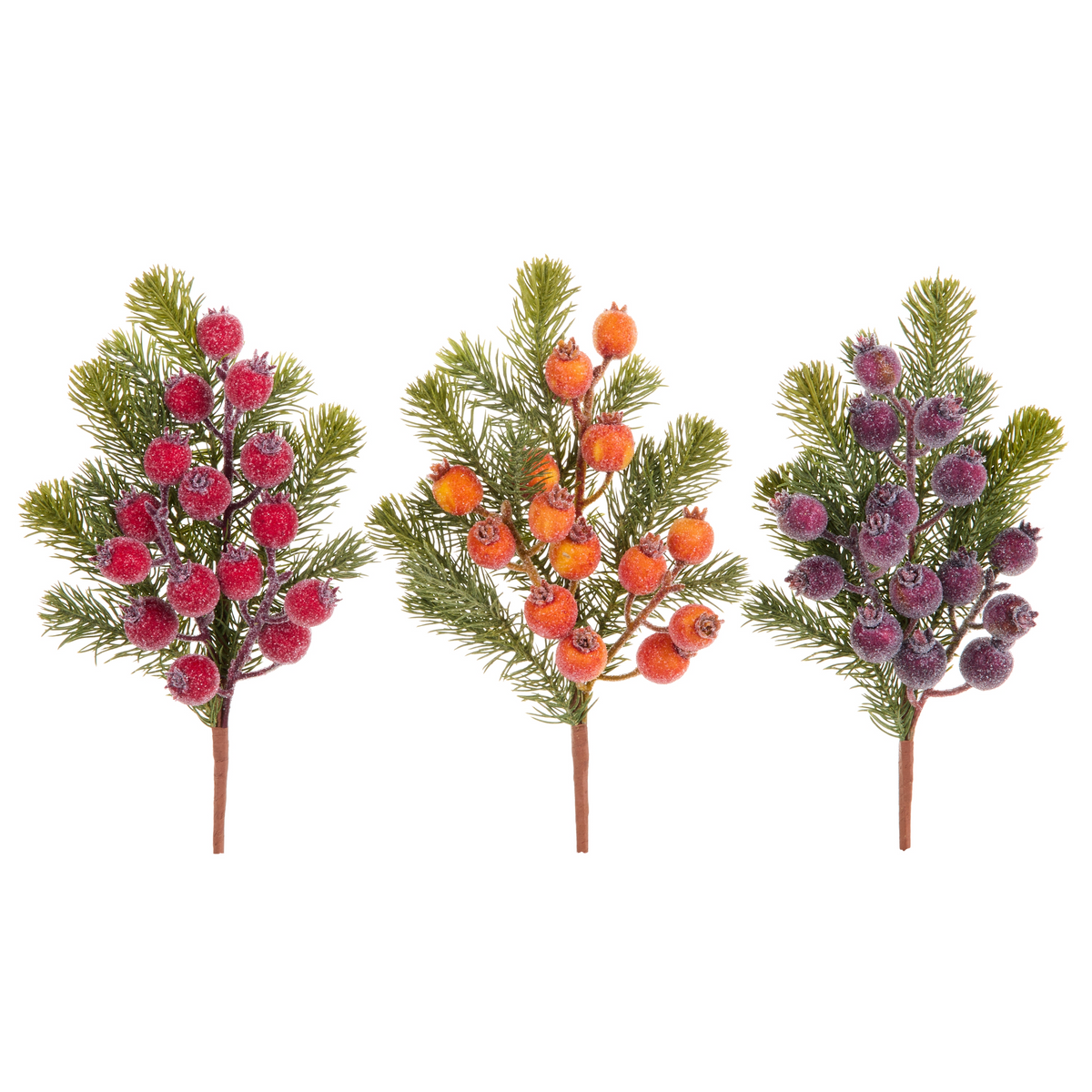 Three 15.5-inch iced berry and greenery sprays in red, orange, and purple with a frosted finish.