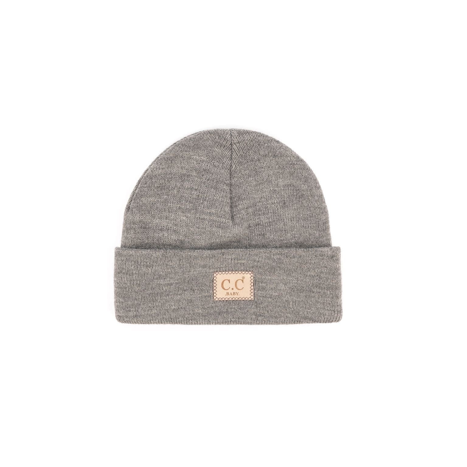 Baby CC Classic ribbed beanie in soft grey knit with a folded cuff.