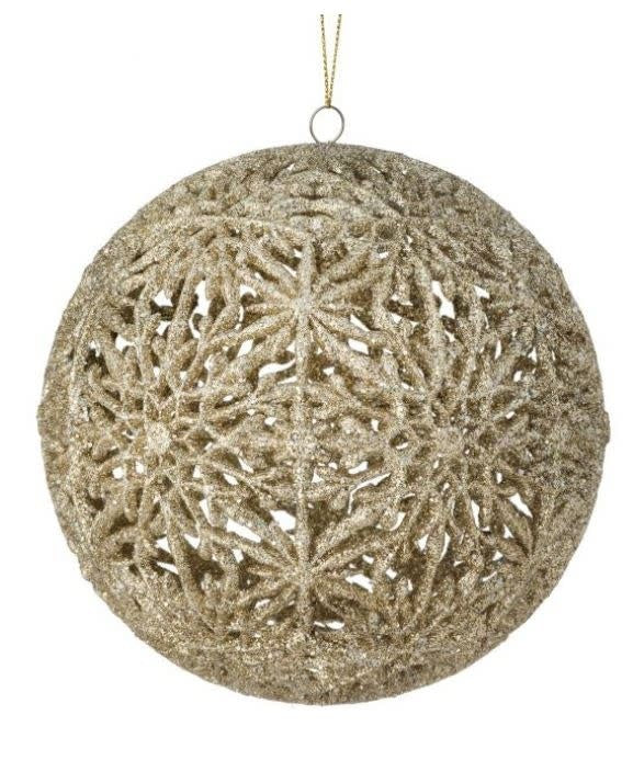 Silver hollow snowflake ball ornament with intricate cutout patterns.