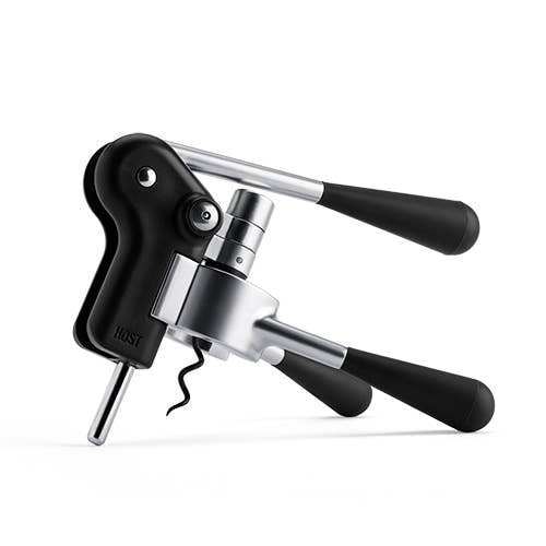 Lever corkscrew set with soft-touch handles in die-cast zinc featuring a foil cutter and stand.