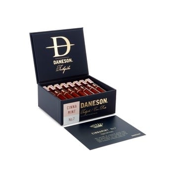 Open black box of Daneson No. 7 CinnaMint toothpicks with a matching information card.