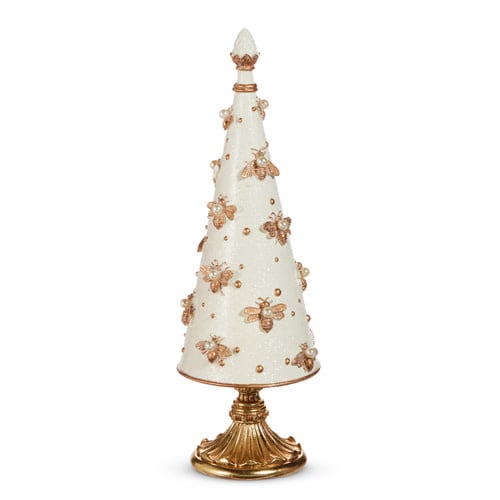Gold resin cone tree with regal bee embellishments measuring 15.5 inches tall.