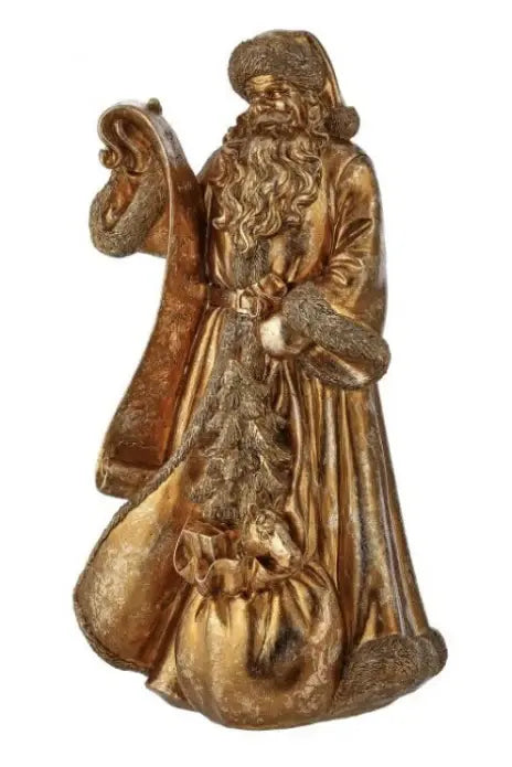 Gilded resin Santa figurine holding a toy sack