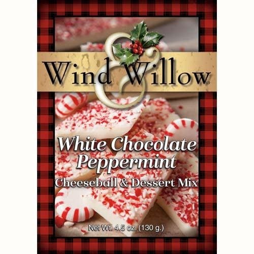 White chocolate peppermint cheeseball mix box with festive holiday designs