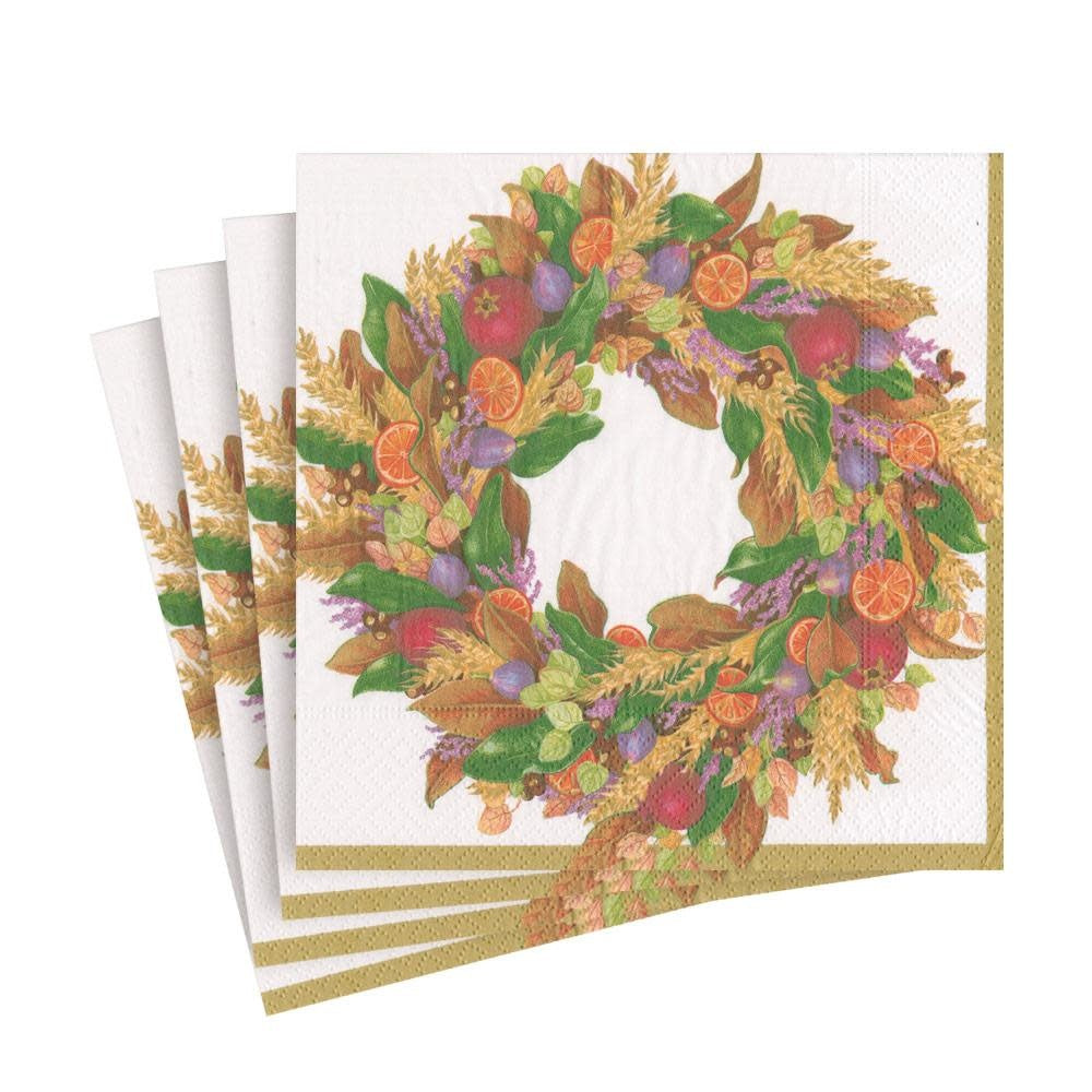Caspari triple-ply luncheon napkin featuring an autumn wreath pattern in warm earth tones.