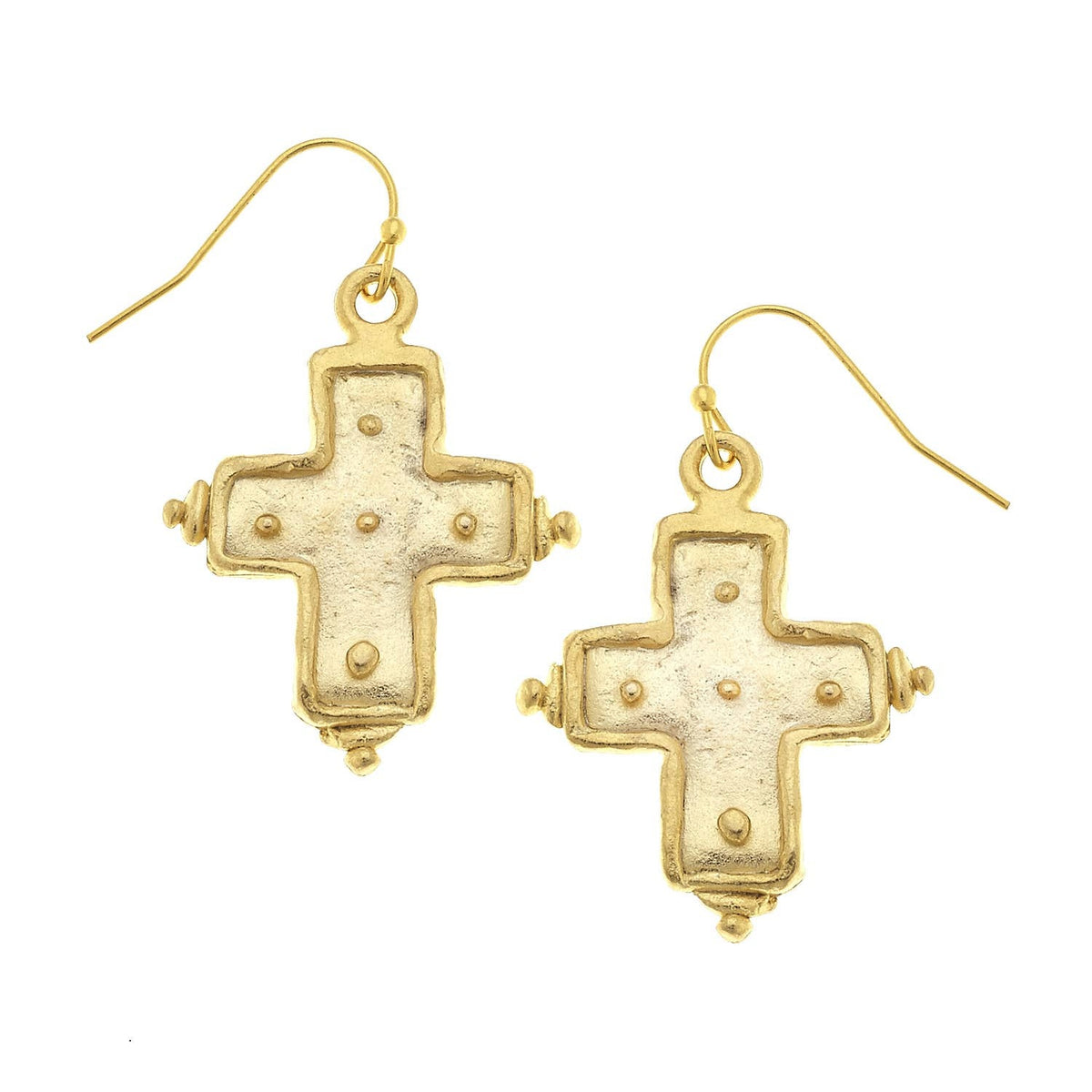 Gold cross dangle earrings with a Northern European-inspired silhouette.