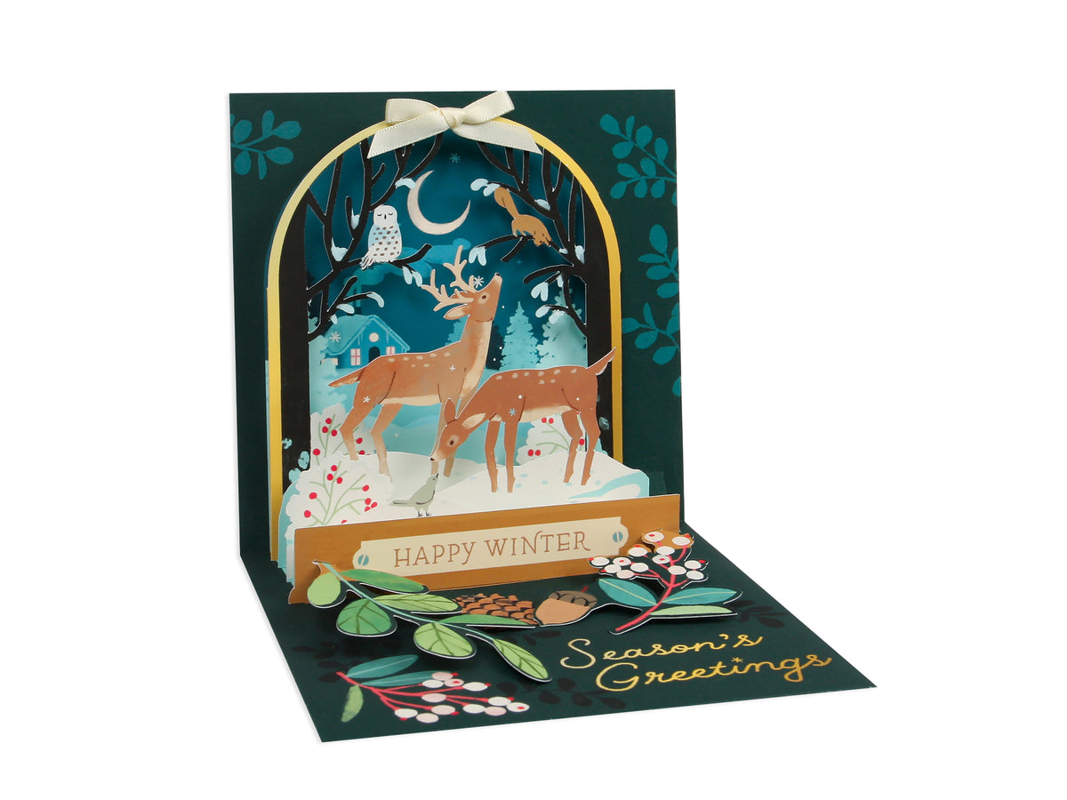 Up With Paper Snowglobe Dome card, woodland deer winter scene