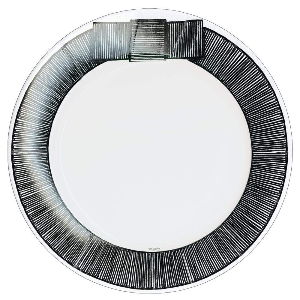 Caspari Ribbon Border Black round paper dinner plate, manufacturer SKU 15960DP.