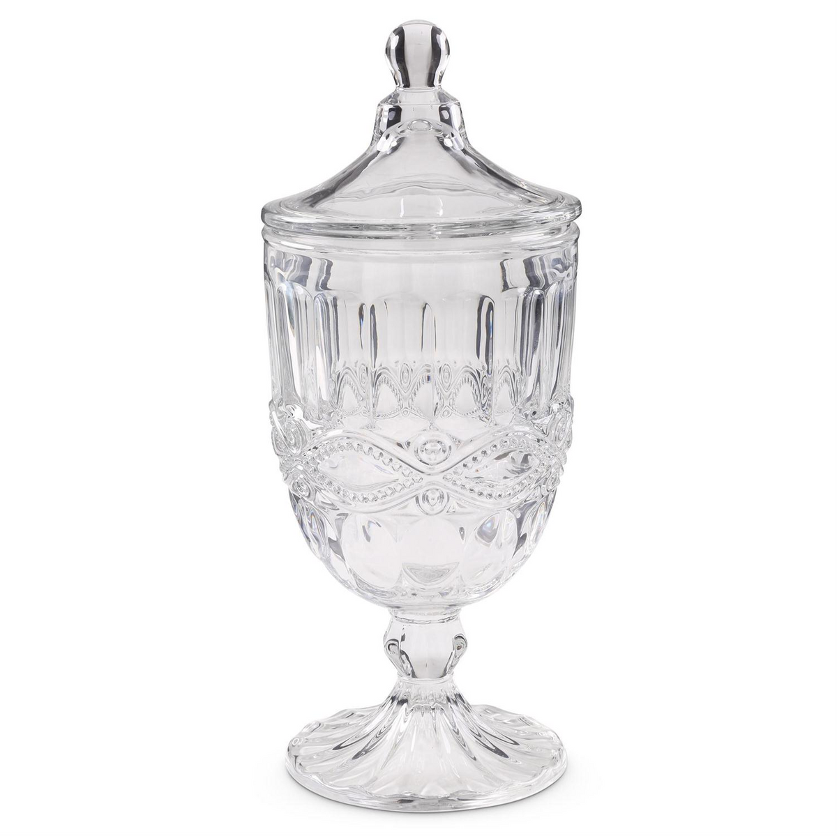 Cast glass urn with a decorative lid, featuring intricate patterns and a pedestal base.